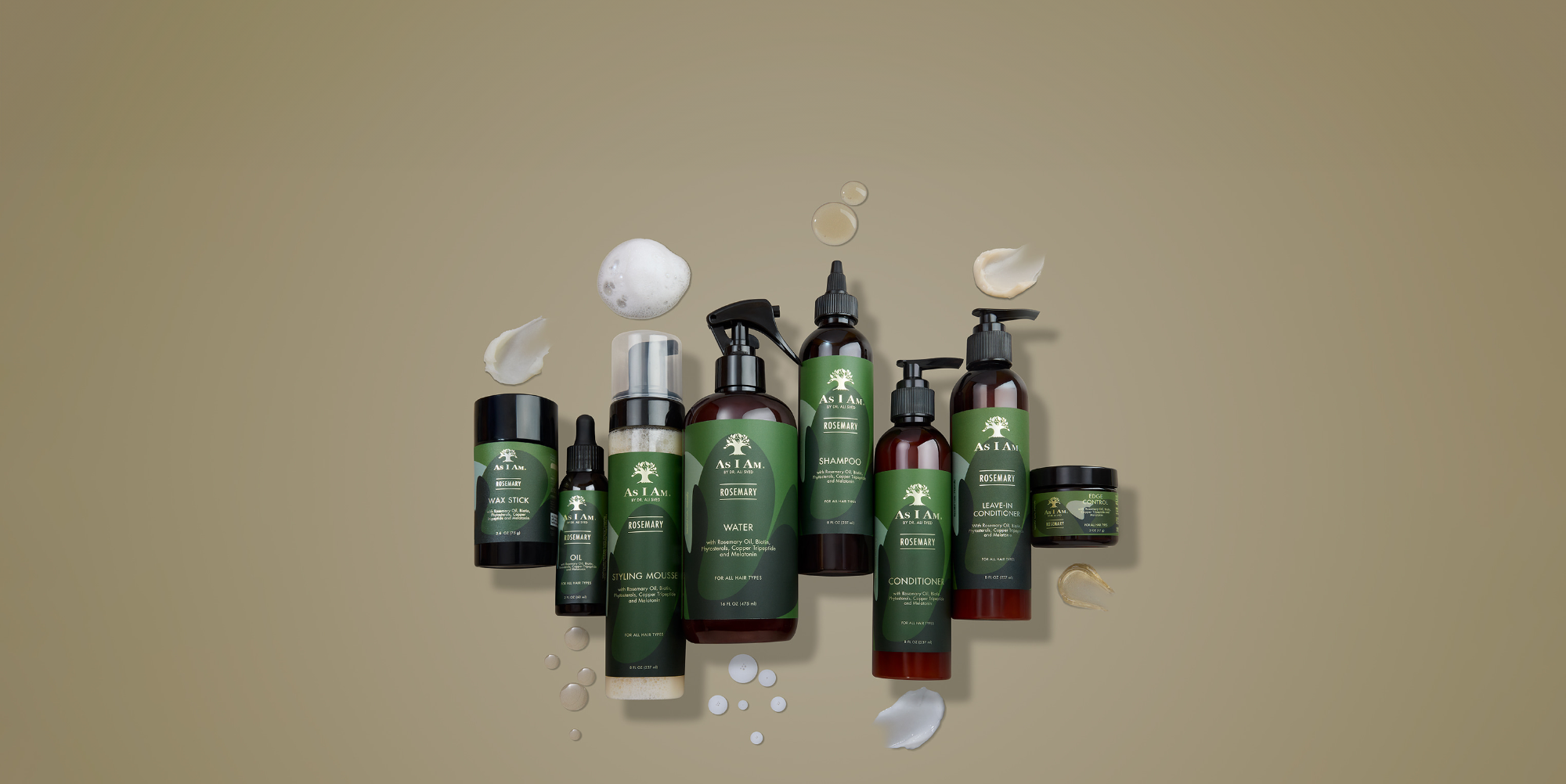 As I Am Rosemary Collection - ein Haarpflegesystem mit 8 Produkten, angereichert mit Rosmarin, Biotin, Melatonin, Kupfer-Tripeptid und Ceramiden. Enthält Watermint Shampoo, Conditioner, Leave-In, Wax Stick, Edge Control, Styling Mousse und Hair & Scalp Oil - alle Produkte stärken und verdichten das Haar und fördern ein gesundes Haarwachstum, während sie die Kopfhaut nähren.