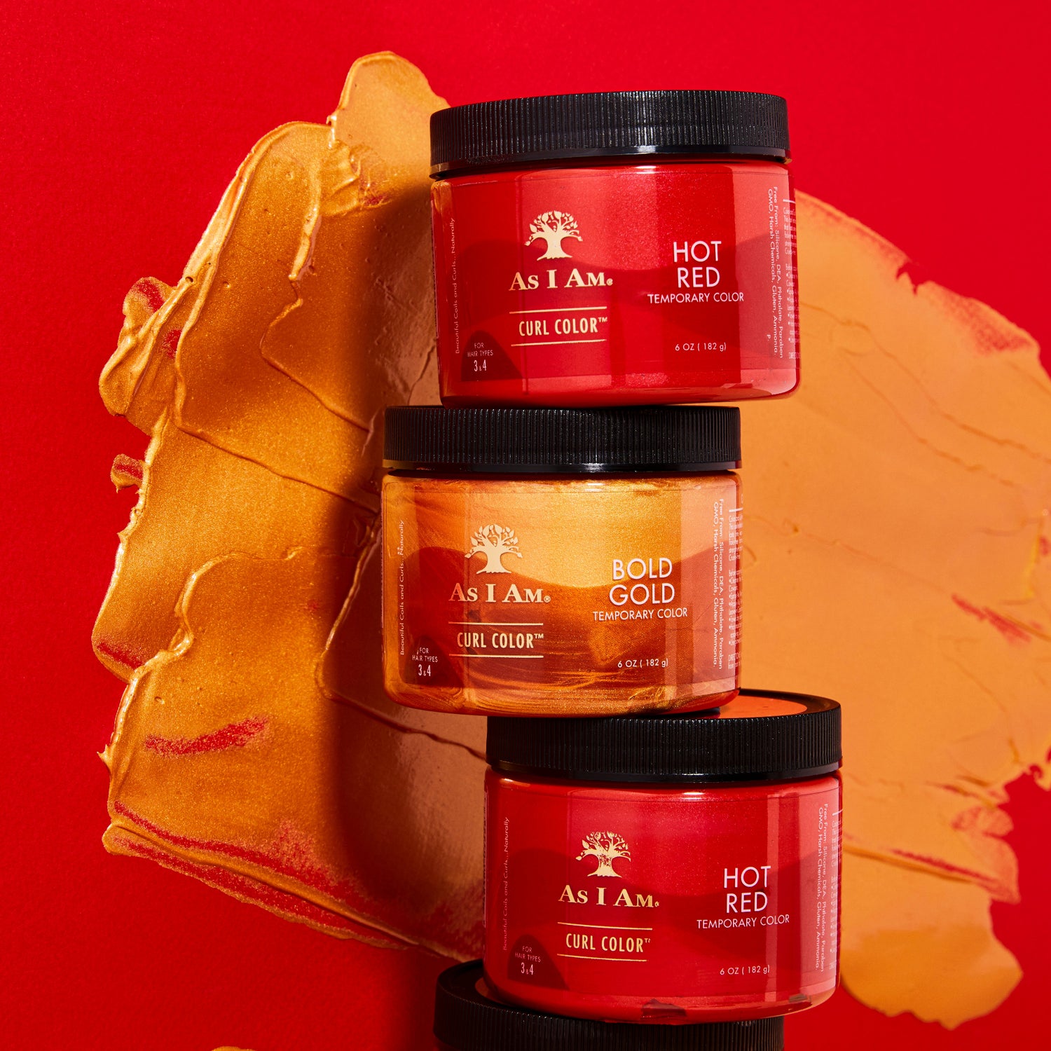 As I Am Curl Color in Hot Red und Bold Gold - zwei übereinander gestapelte Tiegel mit leuchtenden temporären Haarfarbgelen, die Locken mit satter Farbe, Definition und Glanz versehen.