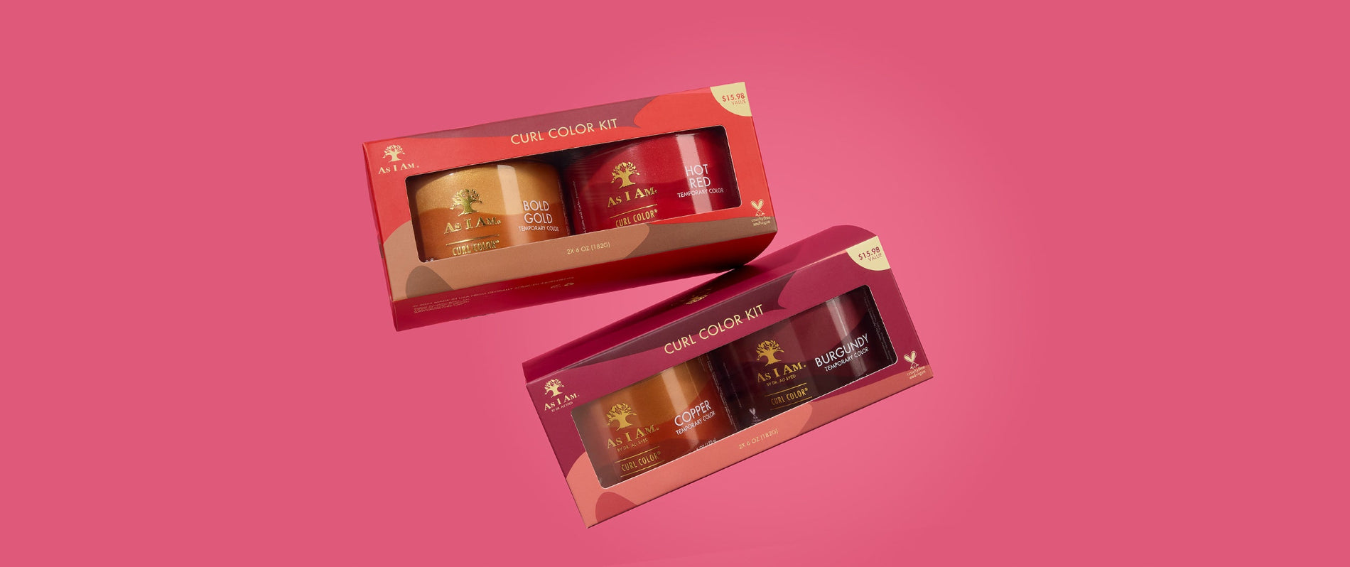 As I Am x Showy Curl Color Kit - Frontalaufnahme der limitierten Farbgel-Sets für Locken mit kräftigen Farbtönen und Co-Branding-Verpackung für definierte Locken mit leuchtendem Glanz.