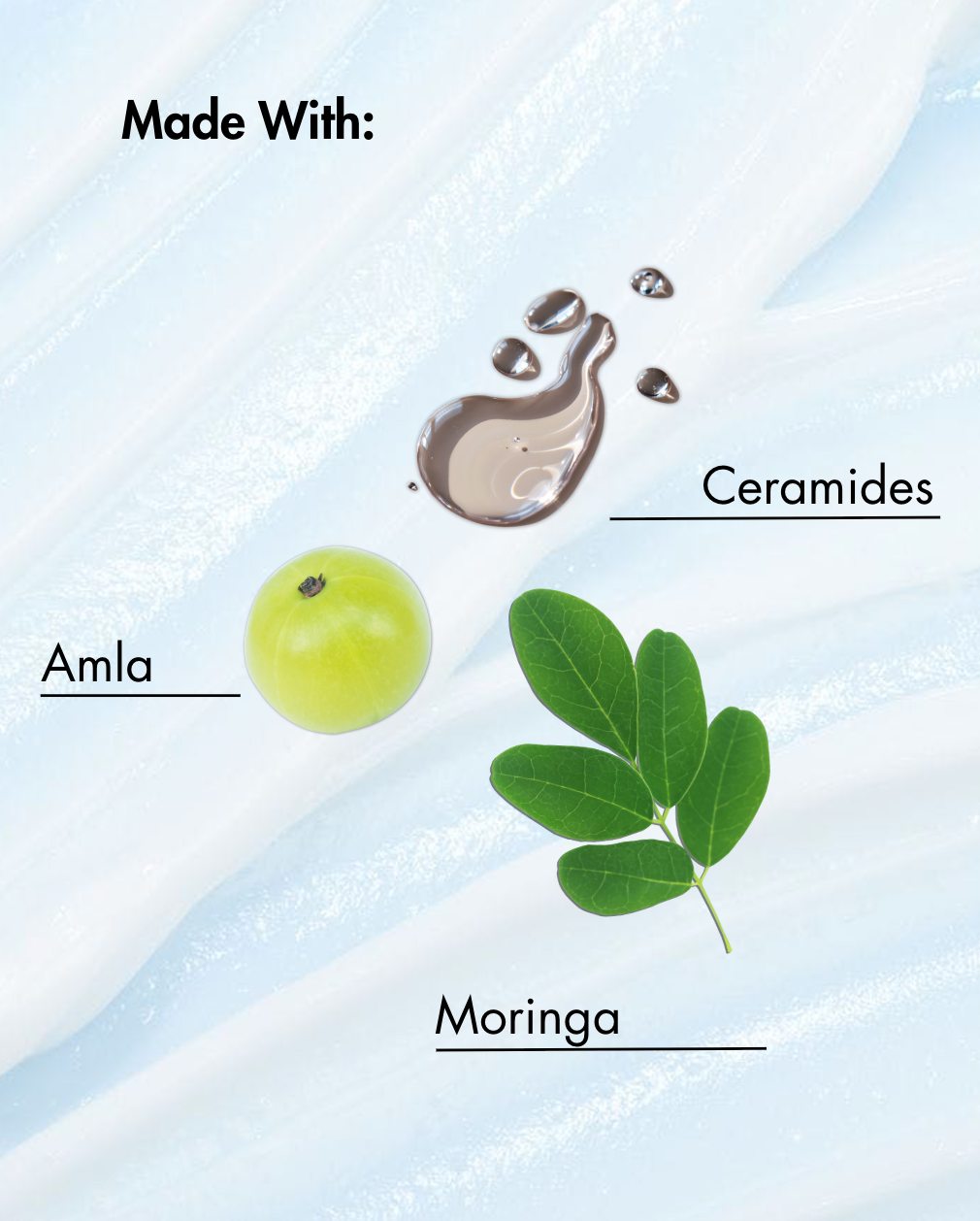 Produktetikett mit Amla, Moringa und Ceramiden auf hellblauem Hintergrund