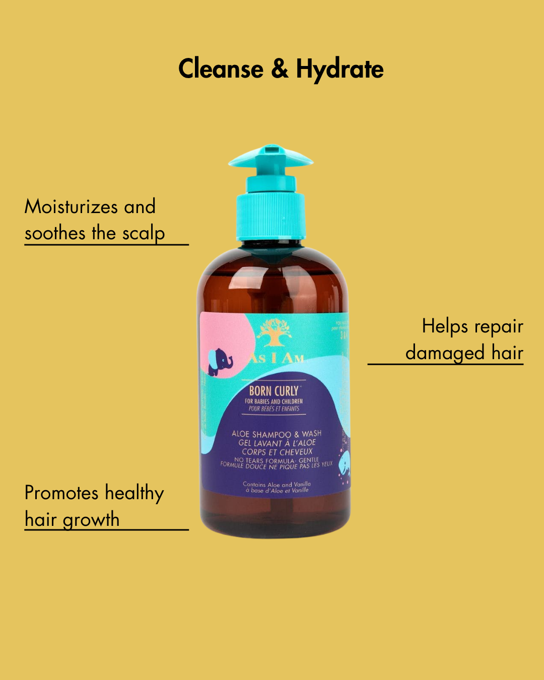 Flasche des Haarpflegeprodukts Born Curly auf gelbem Hintergrund mit Text über seine Vorteile.