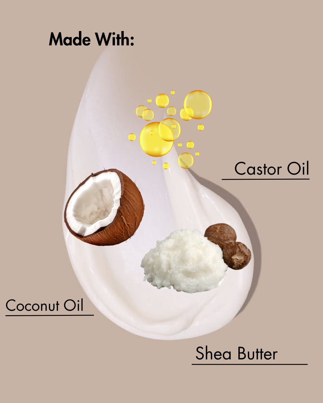 In einem Produkt verwendete Inhaltsstoffe: Kokosnussöl, Sheabutter und Rizinusöl, dargestellt auf einem beigen Hintergrund.