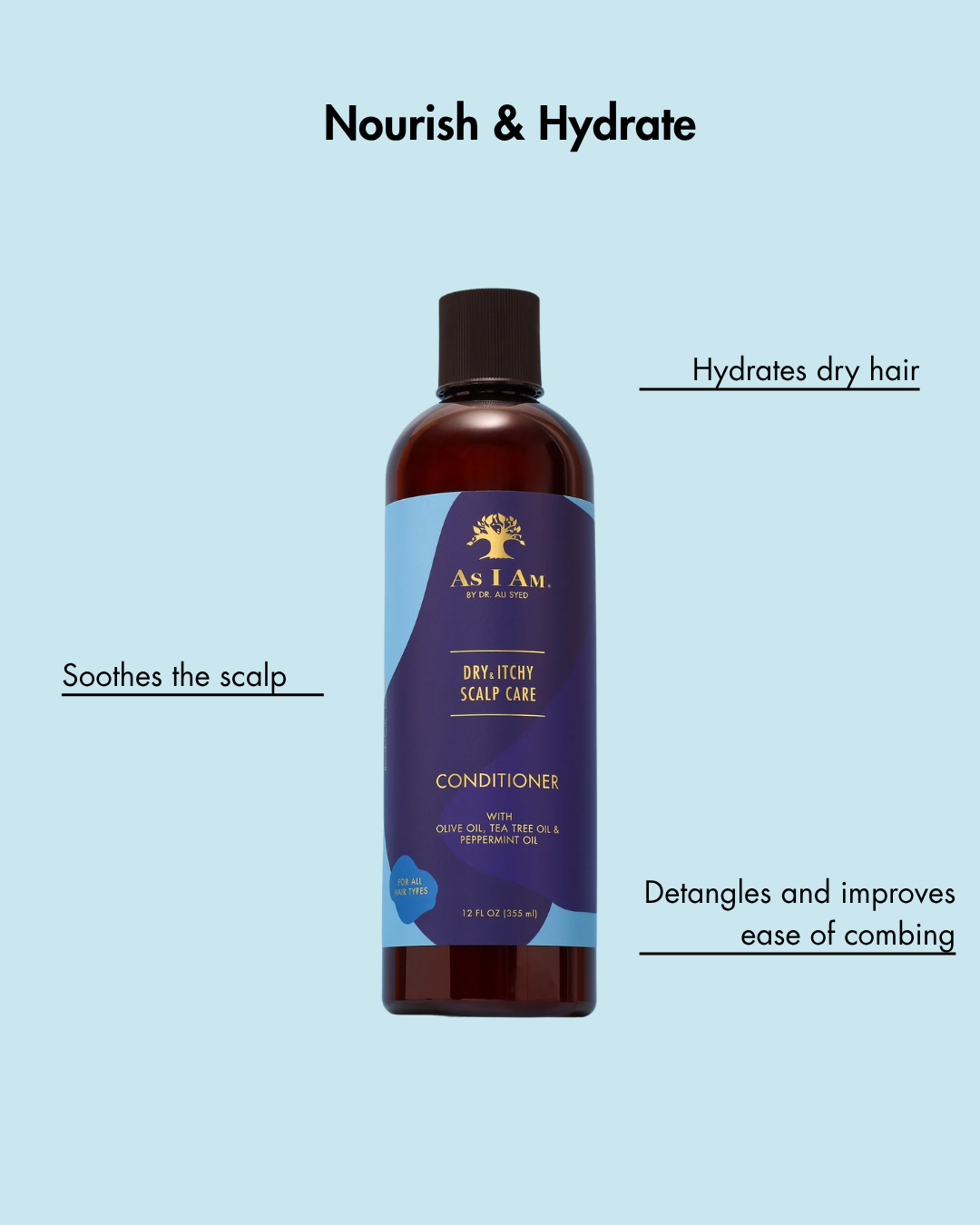 Flasche As I Am Dry Itchy Scalp Care Conditioner auf einem hellblauen Hintergrund