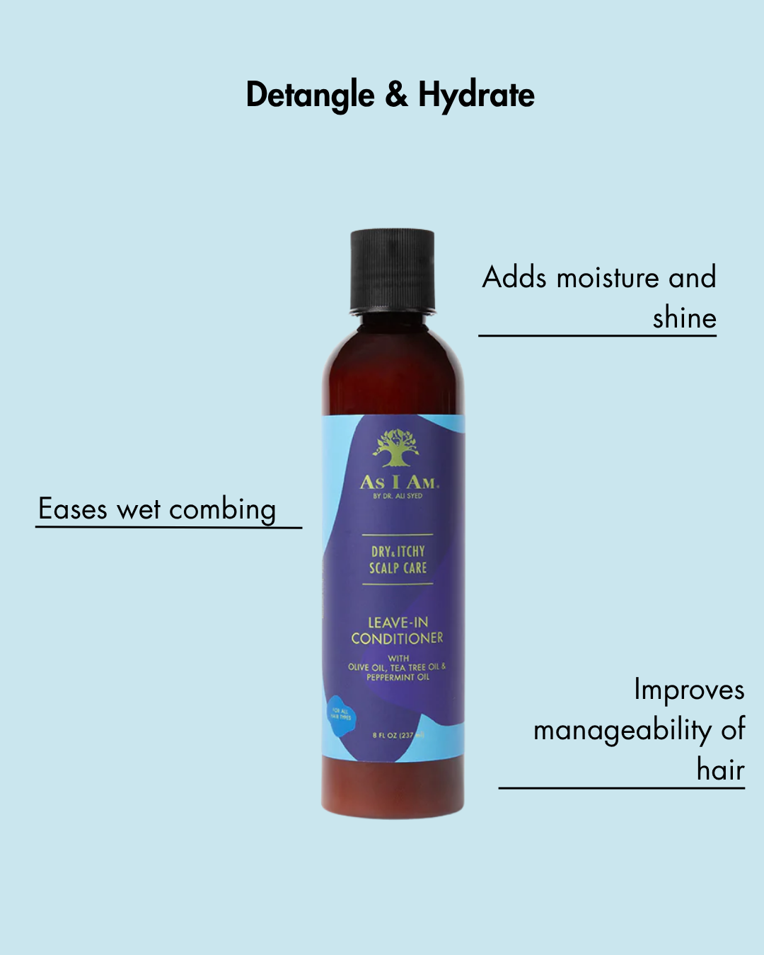 Flasche mit Leave-in-Conditioner mit Text auf hellblauem Hintergrund