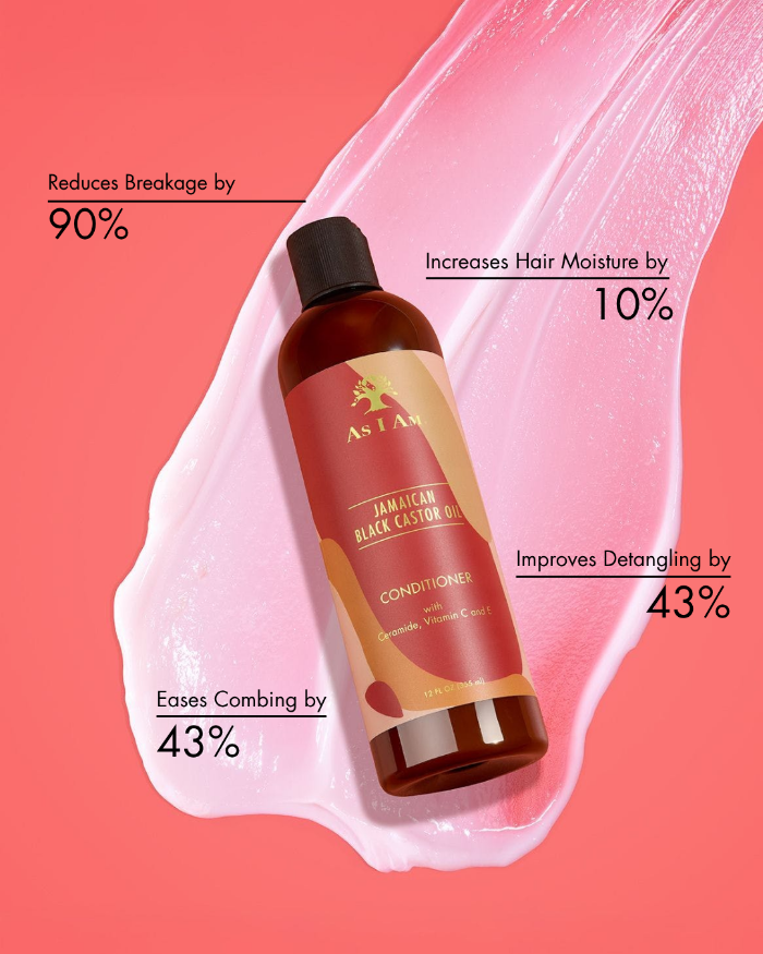 Eine Flasche Jamaican Black Castor Oil Conditioner auf rosa Hintergrund mit Text, der die Vorteile hervorhebt.