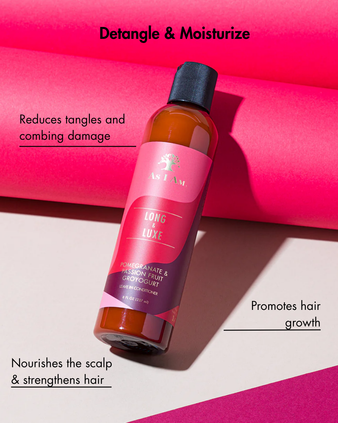 Haarpflegeprodukt Flasche mit rosa Etikett auf einem rosa und weißen Hintergrund
