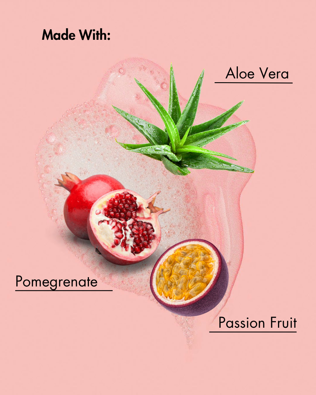In einem Produkt verwendete Inhaltsstoffe auf rosa Hintergrund: Aloe Vera, Granatapfel und Passionsfrucht.