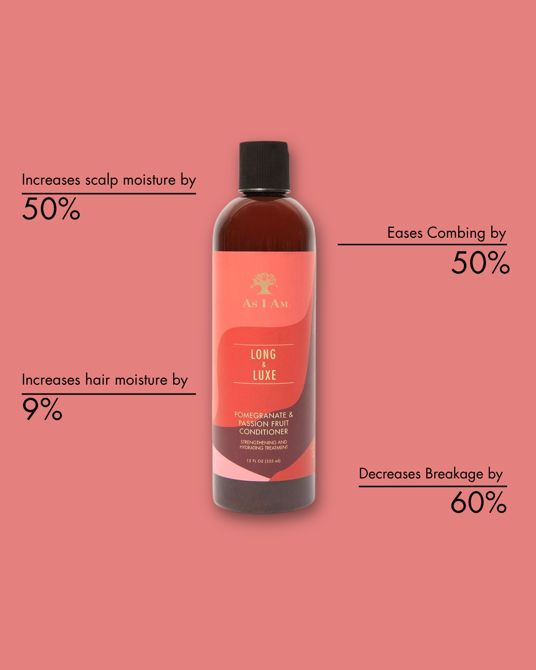 Flasche As i am Long & Luxe Conditioner mit Produktvorteilen auf einem rosa Hintergrund