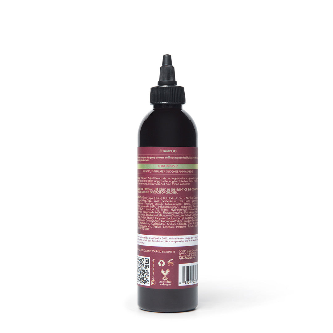 Schwarze Shampooflasche mit rotem Etikett auf weißem Hintergrund