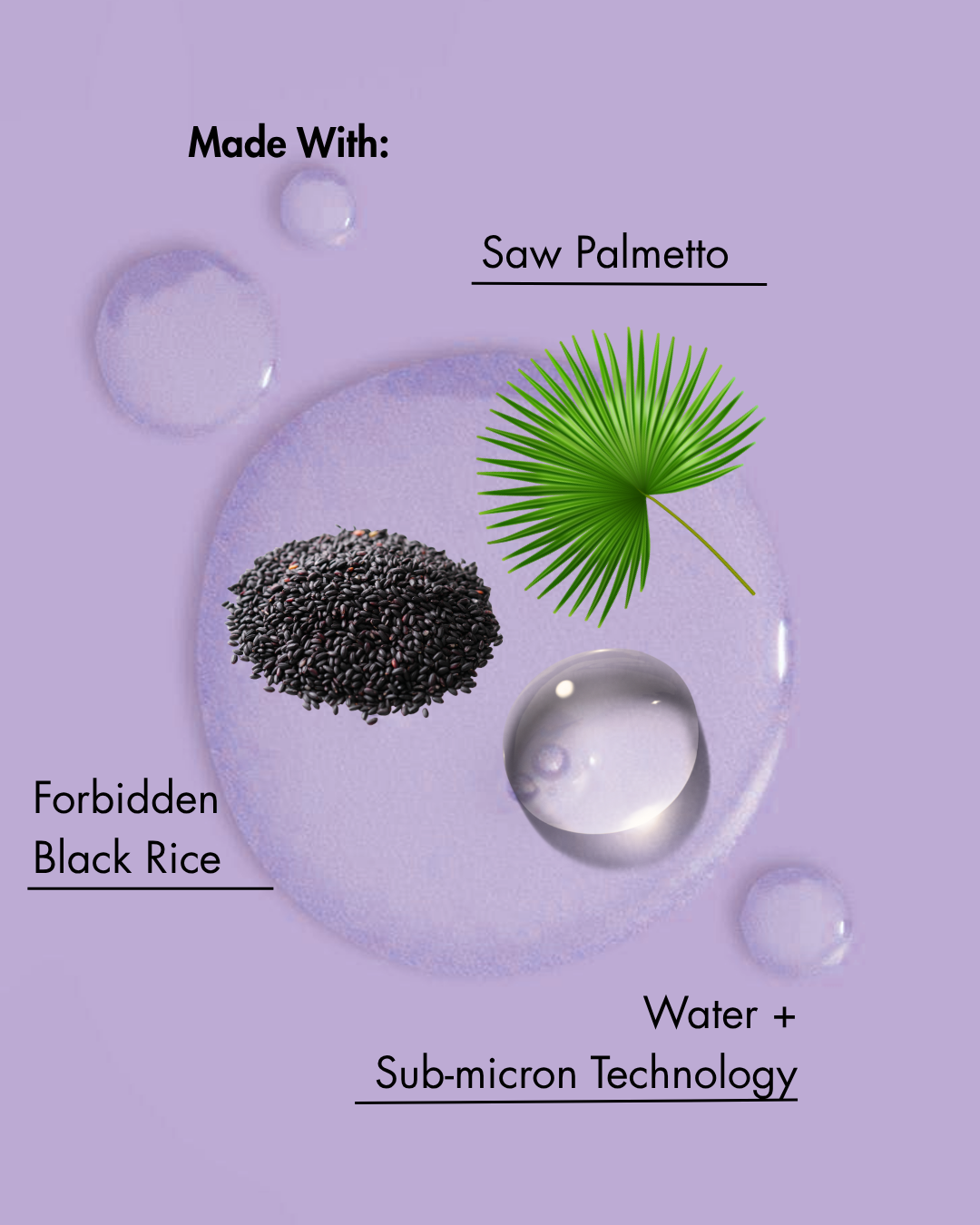 In einem Produkt verwendete Inhaltsstoffe auf violettem Hintergrund mit Wassertropfen.