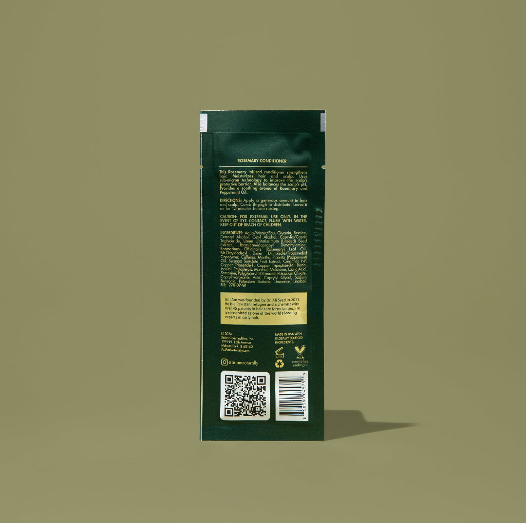 AS I AM Rosemary Conditioner im 1 oz-Beutel mit einer reichhaltigen, cremigen Textur, die das Haar tiefgehend mit Feuchtigkeit versorgt, es stärkt und entwirrt, während sie das Haarwachstum fördert, Haarbruch reduziert und die Kopfhaut beruhigt.