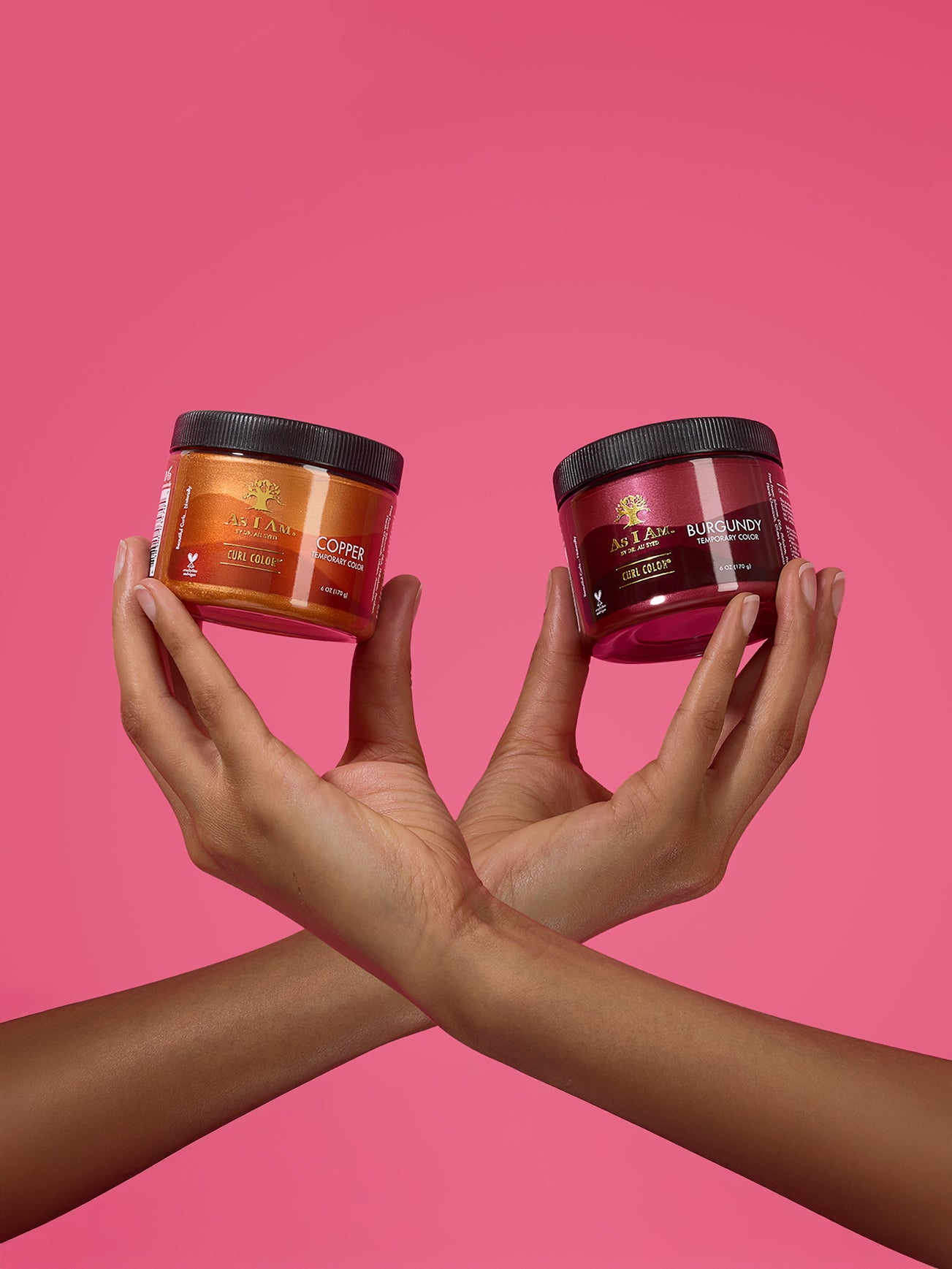 As I Am Curl Color 2er-Set mit Kupfer- und Burgundertönen in eleganten, leuchtenden Tiegeln für temporäre Farbe und Lockendefinition ohne Haarschäden.