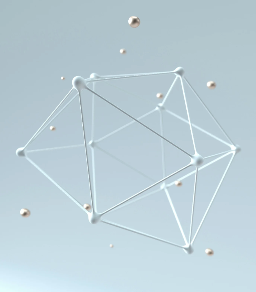 Geometrische Struktur mit weißen Stäben und silbernen Kugeln auf einem hellblauen Hintergrund