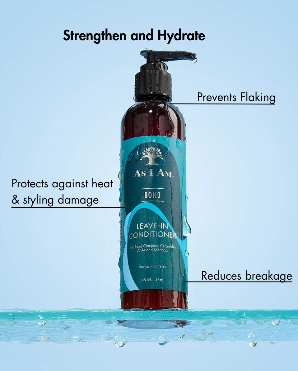 Flasche mit Leave-in-Conditioner mit Text, der die Vorteile hervorhebt, auf blauem Hintergrund