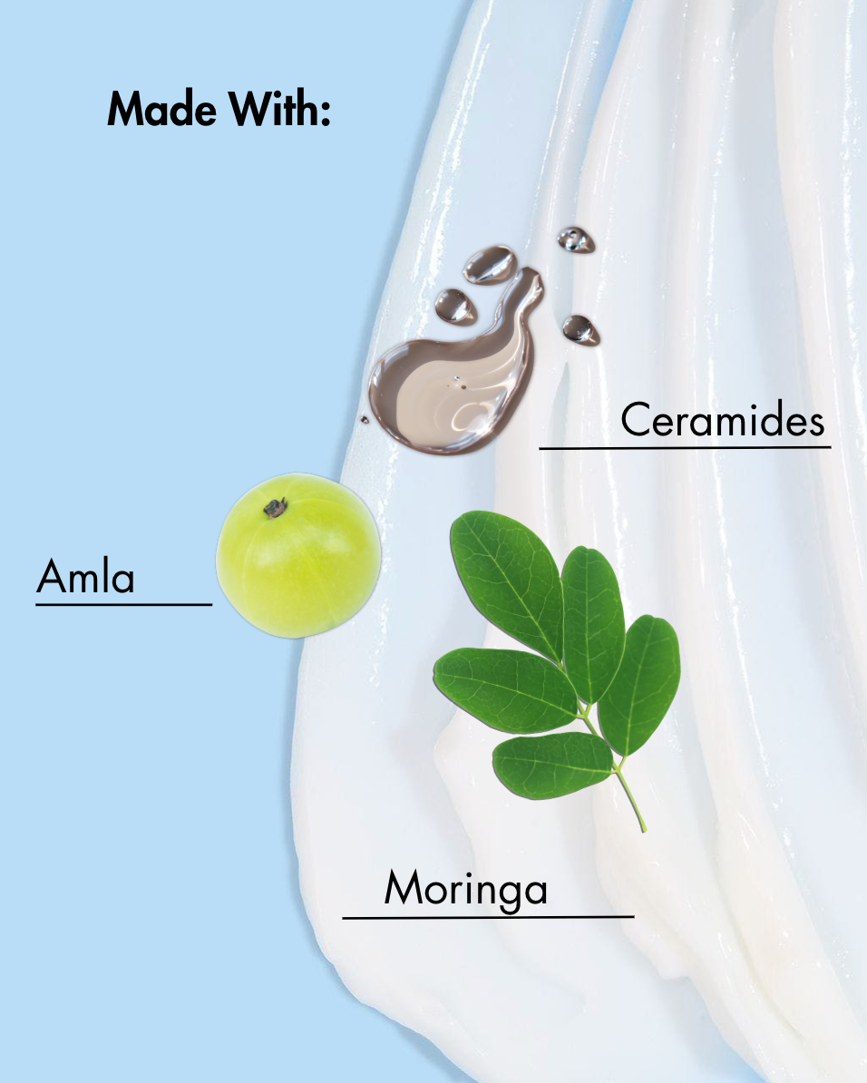 Produkt mit der Aufschrift "Hergestellt mit:" mit Amla, Ceramiden und Moringa auf hellblauem Hintergrund.