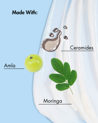 Produkt mit der Aufschrift "Hergestellt mit:" mit Amla, Ceramiden und Moringa auf hellblauem Hintergrund.