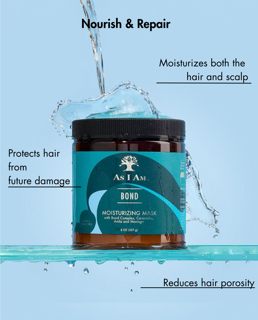 As I Am Bond Moisturizing Mask mit Wassertropfen auf blauem Hintergrund