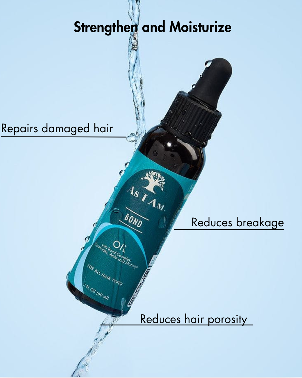 Flasche Haaröl mit Tropfer mit der Aufschrift "As I Am" auf hellblauem Hintergrund