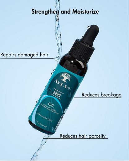 Flasche Haaröl mit Tropfer mit der Aufschrift "As I Am" auf hellblauem Hintergrund