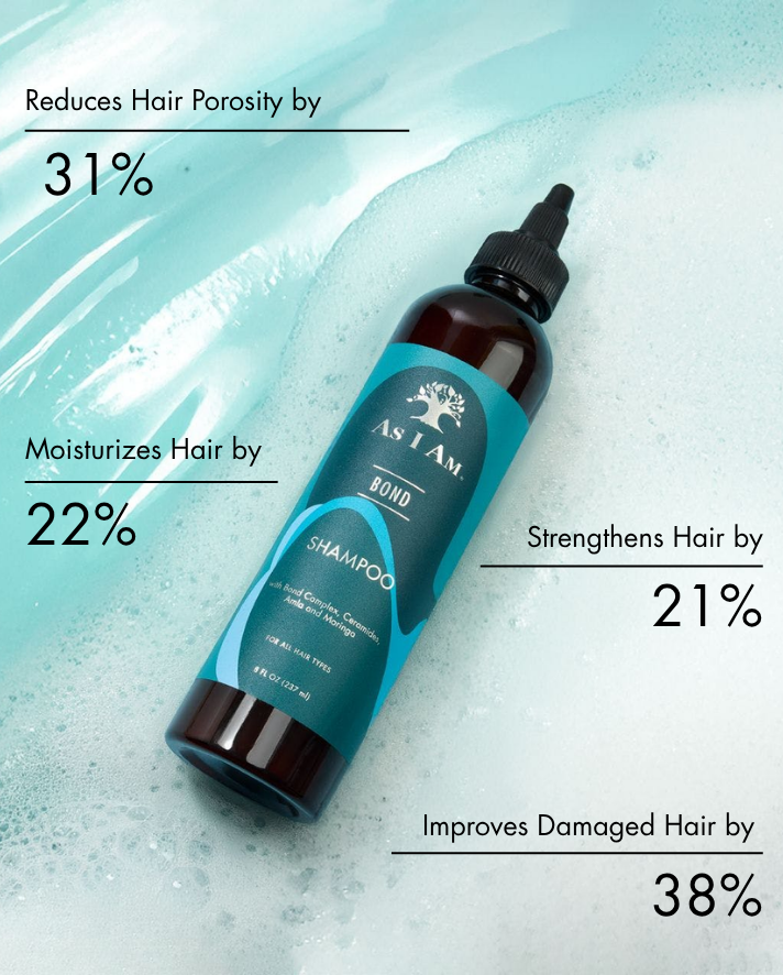 Shampooflasche mit Text zur Hervorhebung der Vorteile auf einem strukturierten Hintergrund