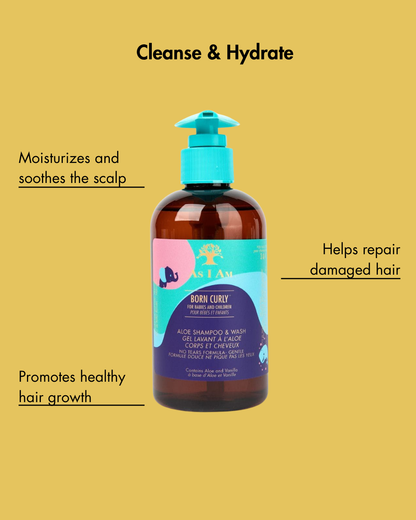 Flasche des Haarpflegeprodukts Born Curly auf gelbem Hintergrund mit Text über seine Vorteile.