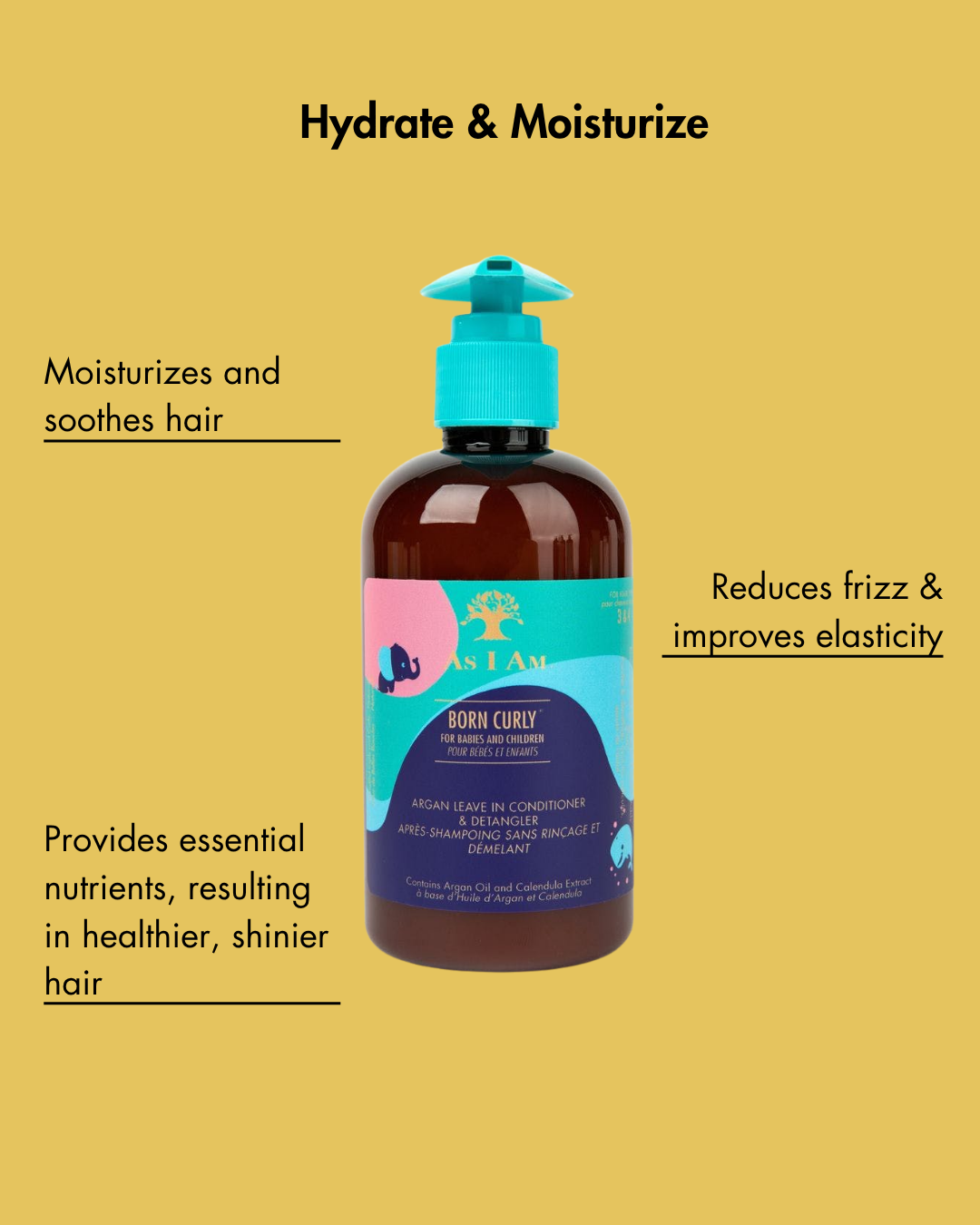 Flasche eines Haarpflegemittels mit Text auf gelbem Hintergrund