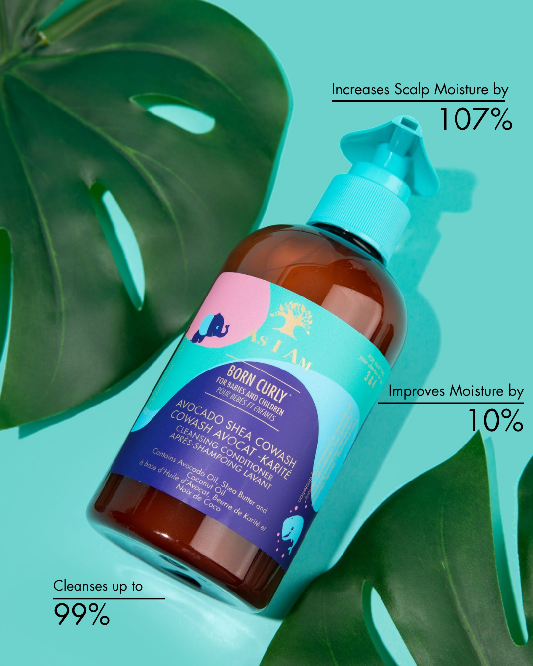 Flasche mit Haarpflegemittel mit grünen Blättern auf hellblauem Hintergrund
