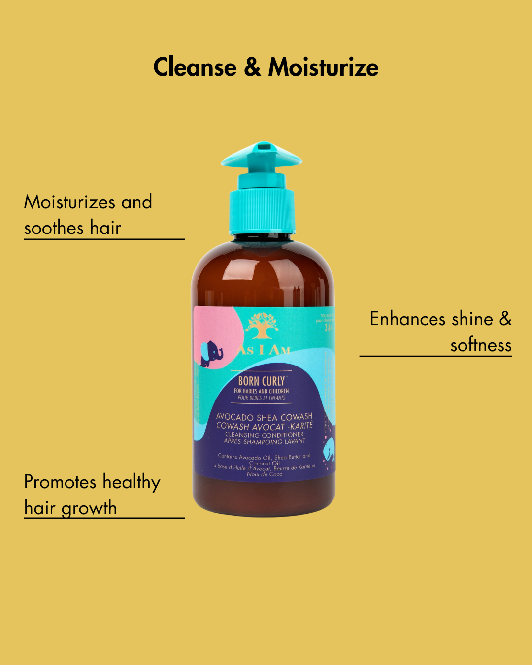 Flasche eines Haarpflegemittels mit Text auf gelbem Hintergrund