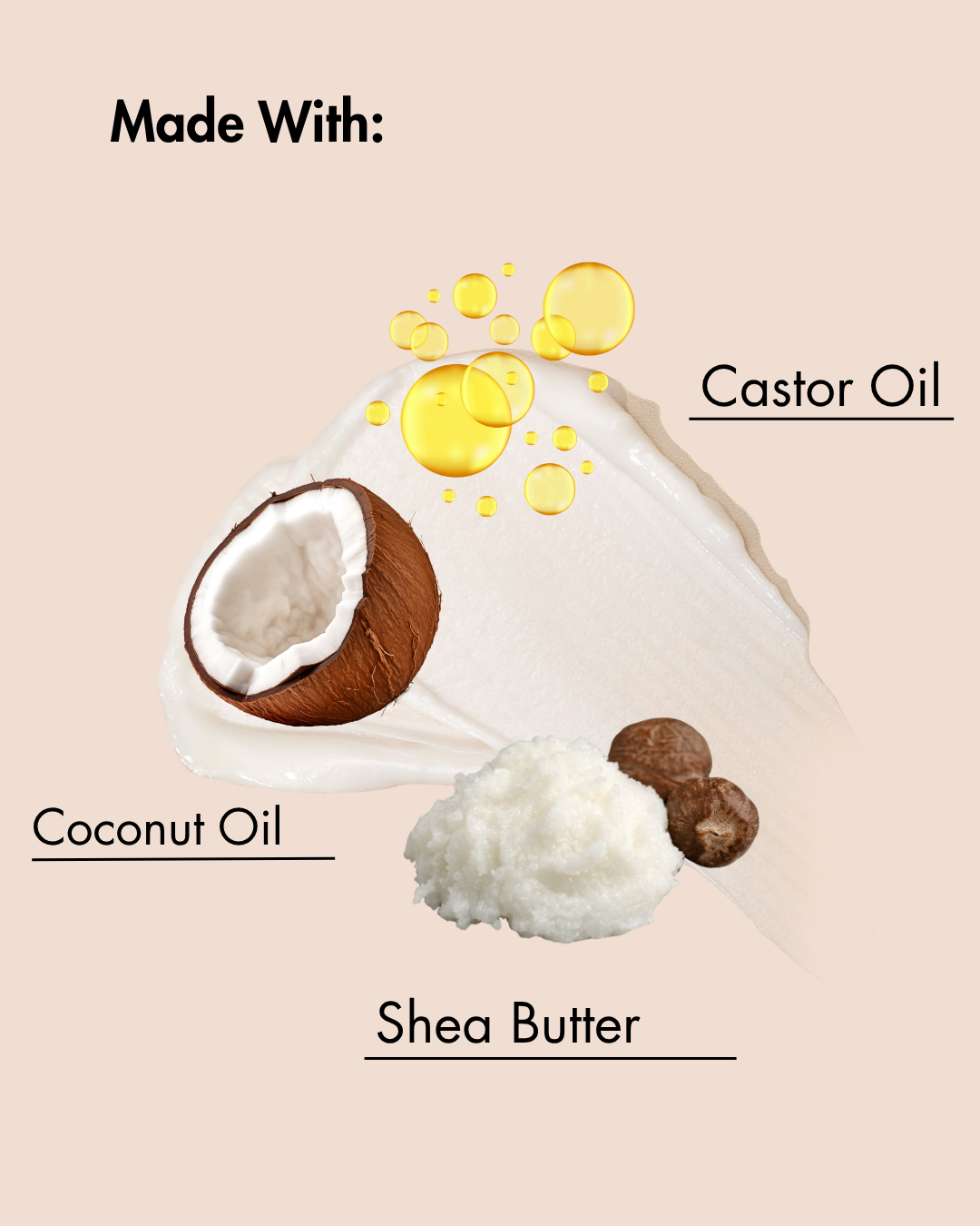 In einem Produkt verwendete Inhaltsstoffe, darunter Kokosnussöl, Sheabutter und Rizinusöl, auf beigem Hintergrund.