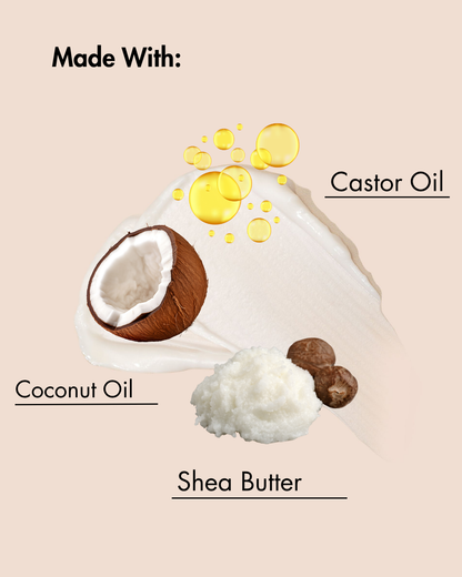 In einem Produkt verwendete Inhaltsstoffe, darunter Kokosnussöl, Sheabutter und Rizinusöl, auf beigem Hintergrund.