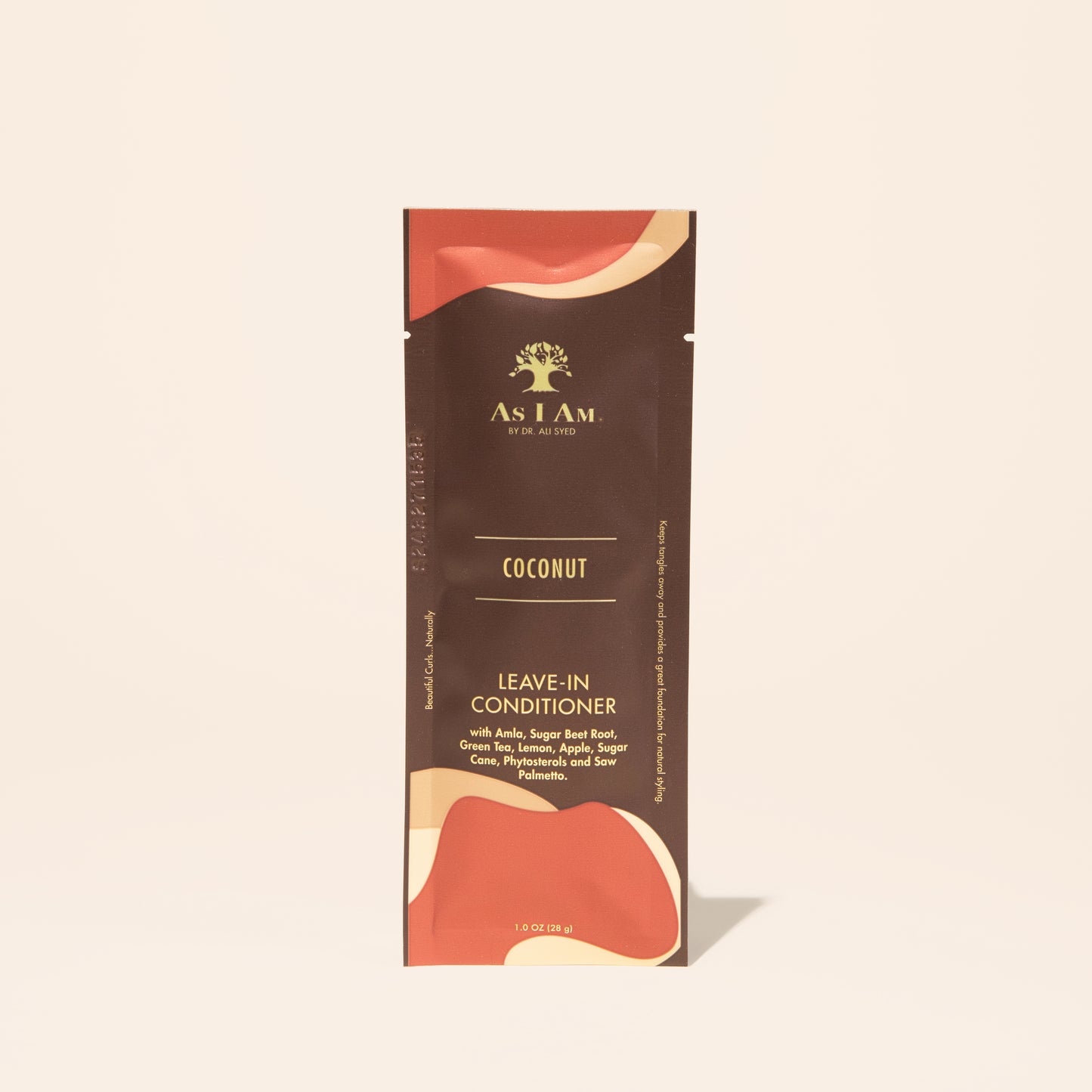 AS I AM Leave-In Conditioner im 1 oz-Beutel mit einer leichten, cremigen Textur, die die Schuppenschicht glättet, Feuchtigkeit spendet, das Entwirren erleichtert und strukturiertes Haar auf das Styling vorbereitet, während sie Glanz und Handhabbarkeit fördert.