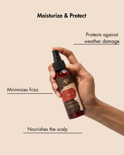 Hand, die eine Flasche mit einem Haarpflegeprodukt hält, mit Text, der die Vorteile hervorhebt, auf einem beigen Hintergrund