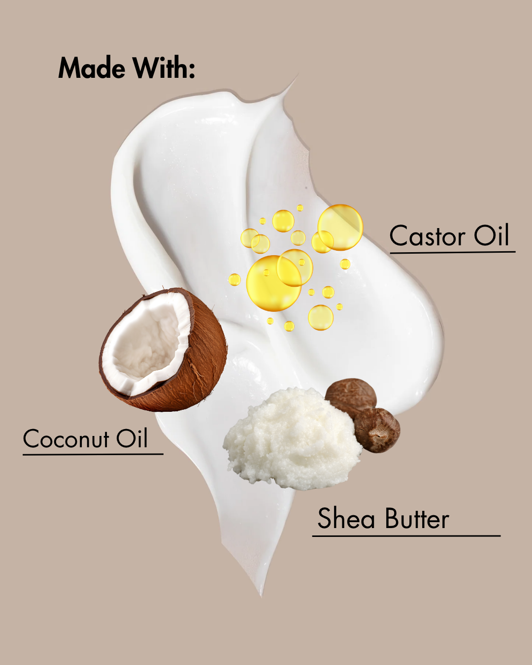 Illustration eines Hautpflegeprodukts mit Kokosnussöl, Sheabutter und Rizinusöl auf einem beigen Hintergrund.