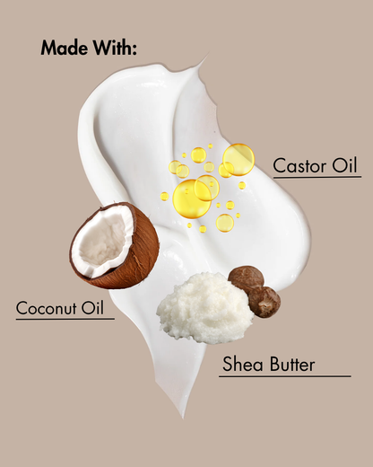 Illustration eines Hautpflegeprodukts mit Kokosnussöl, Sheabutter und Rizinusöl auf einem beigen Hintergrund.