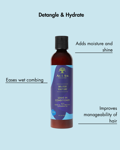 Flasche mit Leave-in-Conditioner mit Text auf hellblauem Hintergrund
