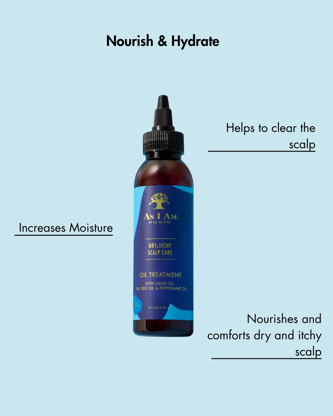 Flasche As I Am Scalp Care Oil Treatment auf einem hellblauen Hintergrund mit Text über seine Vorteile.
