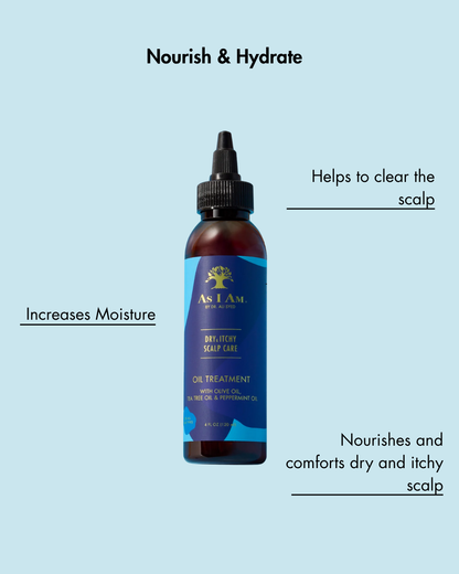 Flasche As I Am Scalp Care Oil Treatment auf einem hellblauen Hintergrund mit Text über seine Vorteile.