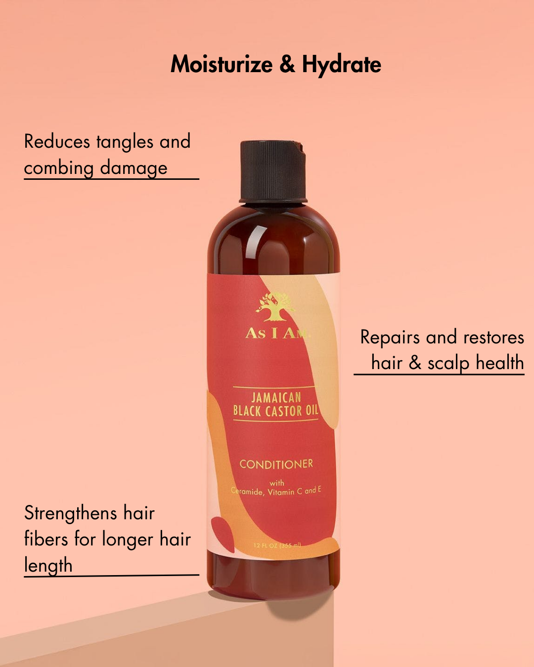 Conditioner-Flasche mit Text auf einem pfirsichfarbenen Hintergrund
