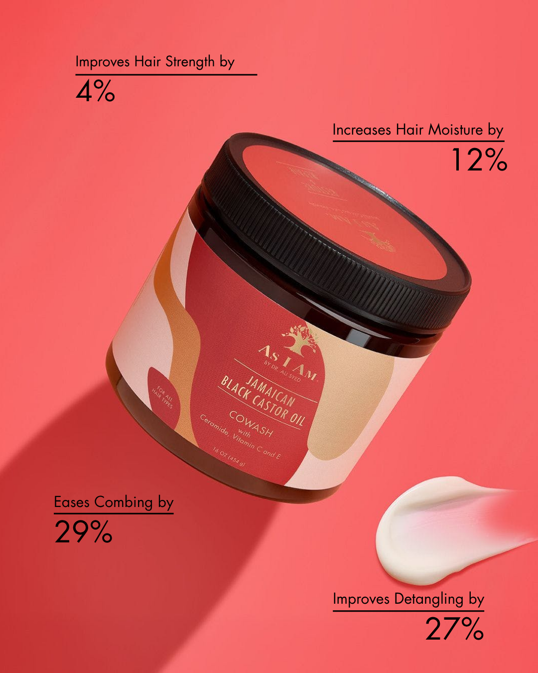 Tiegel des Haarprodukts As I Am mit Text auf rotem Hintergrund