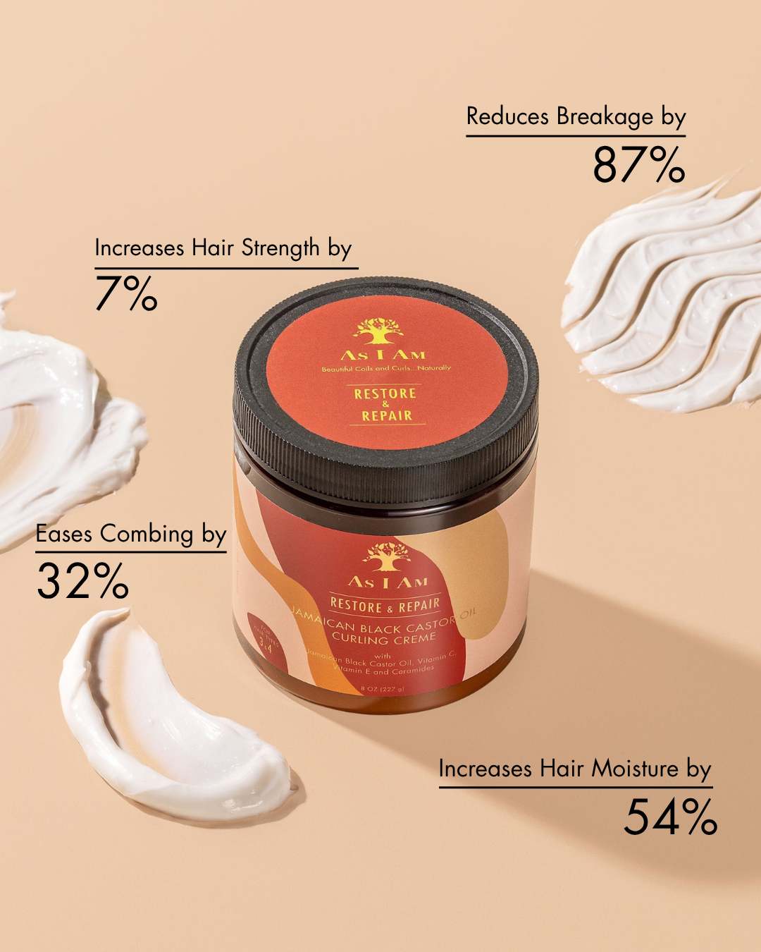 As I Am Restore & Repair Stylingcreme-Tiegel mit Text auf beigem Hintergrund