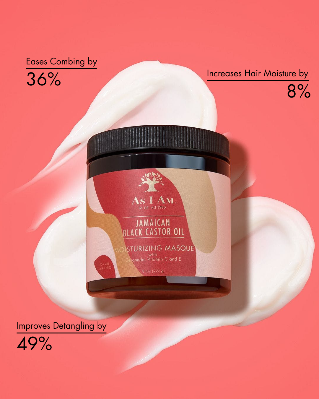 Tiegel von As I Am Jamaican Black Castor Oil Moisturizing Masque mit Produktvorteilen auf rosa Hintergrund