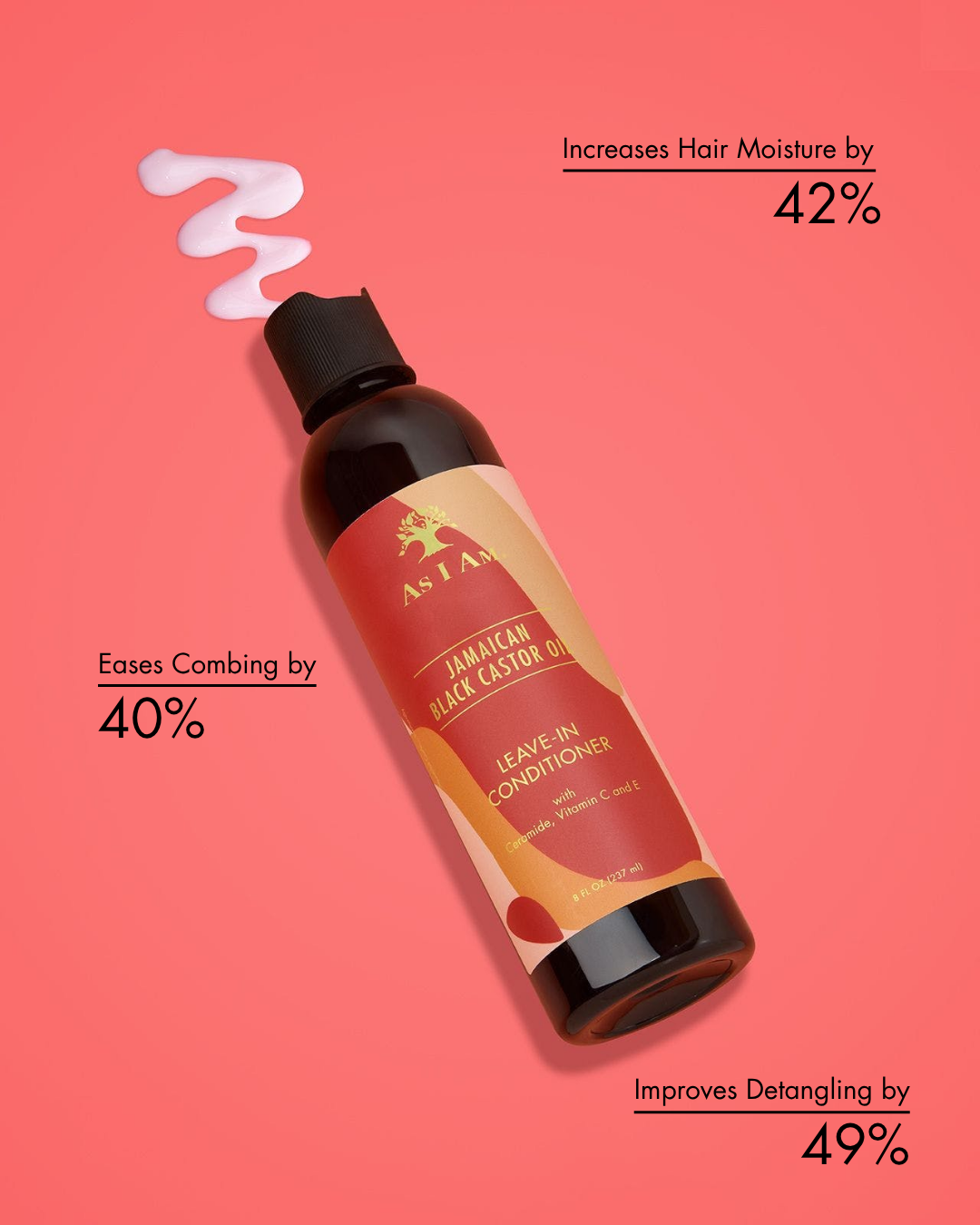 Flasche mit Leave-in-Conditioner mit Vorteilen auf einem rosa Hintergrund