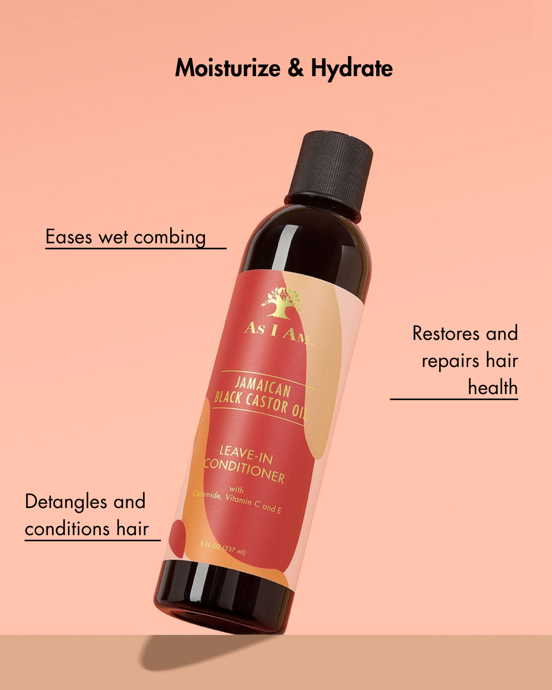 As I Am Jamaican Black Castor Oil Leave-in Conditioner Flasche auf einem Pfirsich Hintergrund