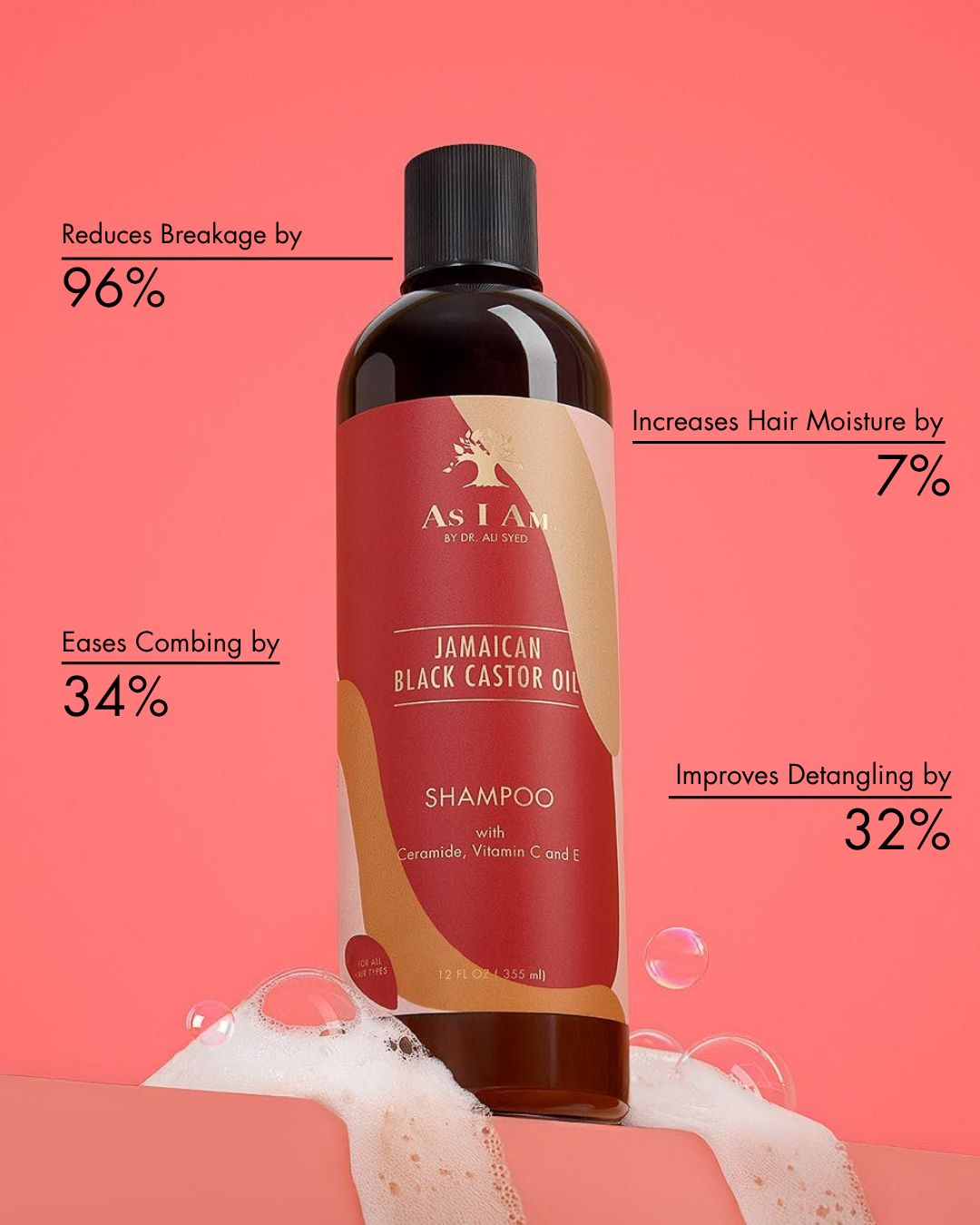 As I Am Jamaican Black Castor Oil Shampoo Flasche mit Produktvorteilen auf einem rosa Hintergrund