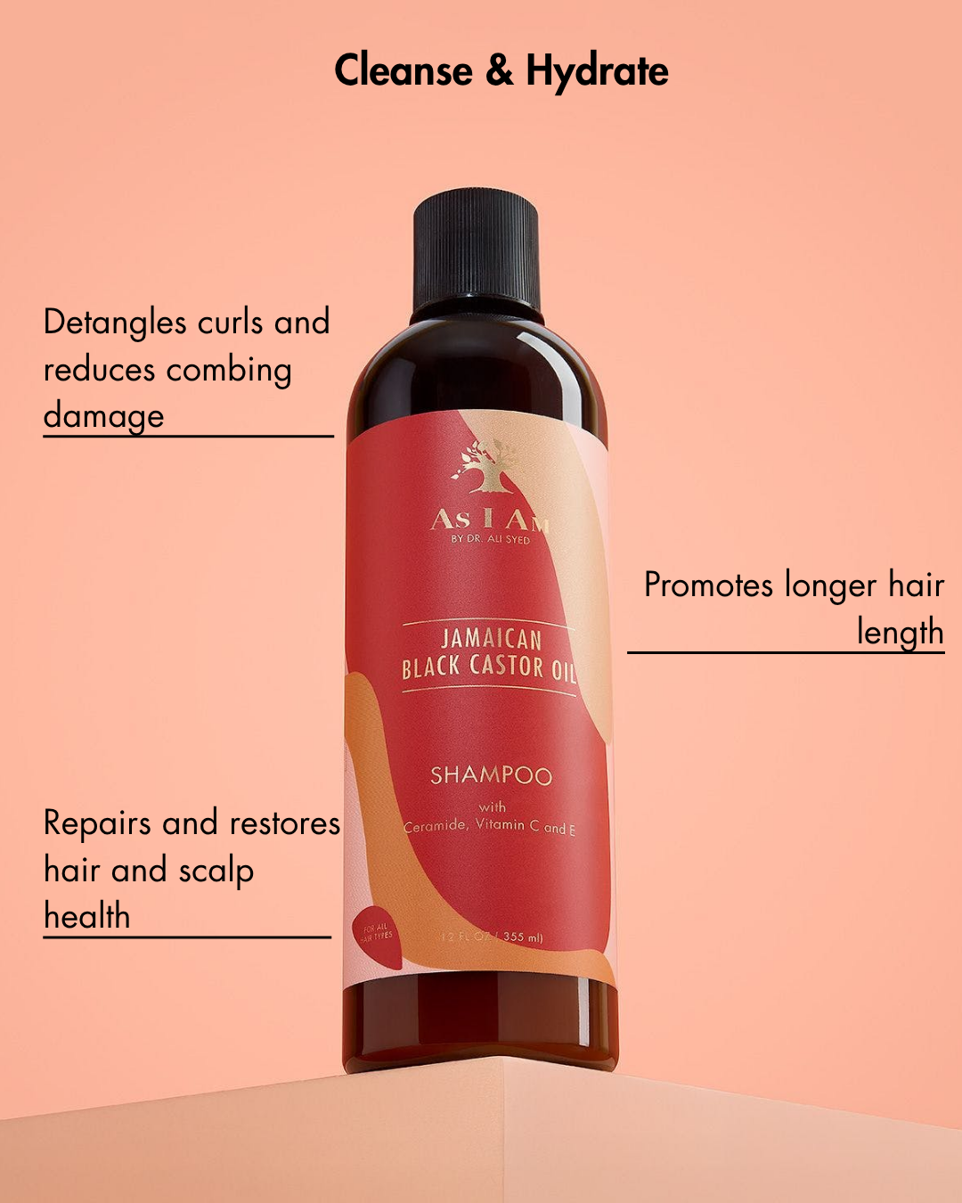 Shampooflasche mit Text auf einem pfirsichfarbenen Hintergrund