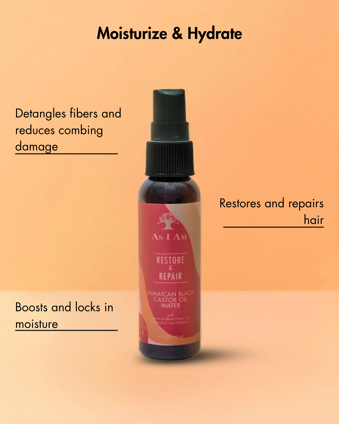 Flasche As I Am Restore & Repair Jamaican Black Castor Oil Water auf einem Hintergrund mit Farbverlauf