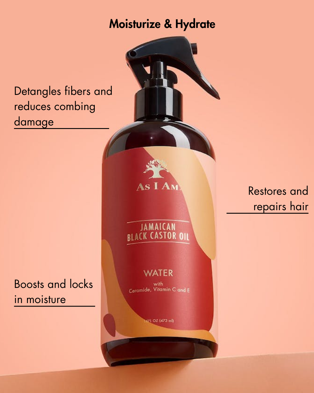 As I Am Jamaican Black Castor Oil Water Flasche auf einem pfirsichfarbenen Hintergrund mit Text über die Produktvorteile.
