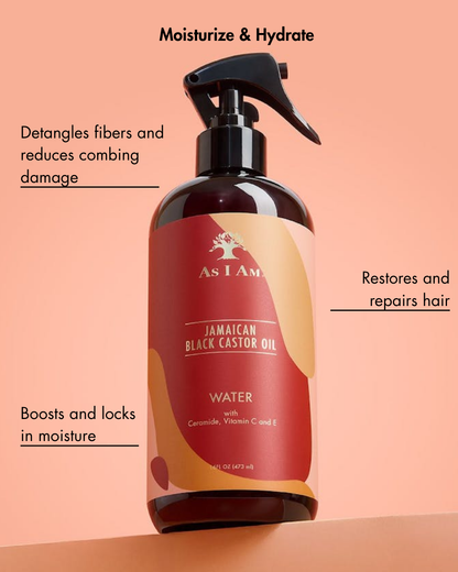 As I Am Jamaican Black Castor Oil Water Flasche auf einem pfirsichfarbenen Hintergrund mit Text über die Produktvorteile.