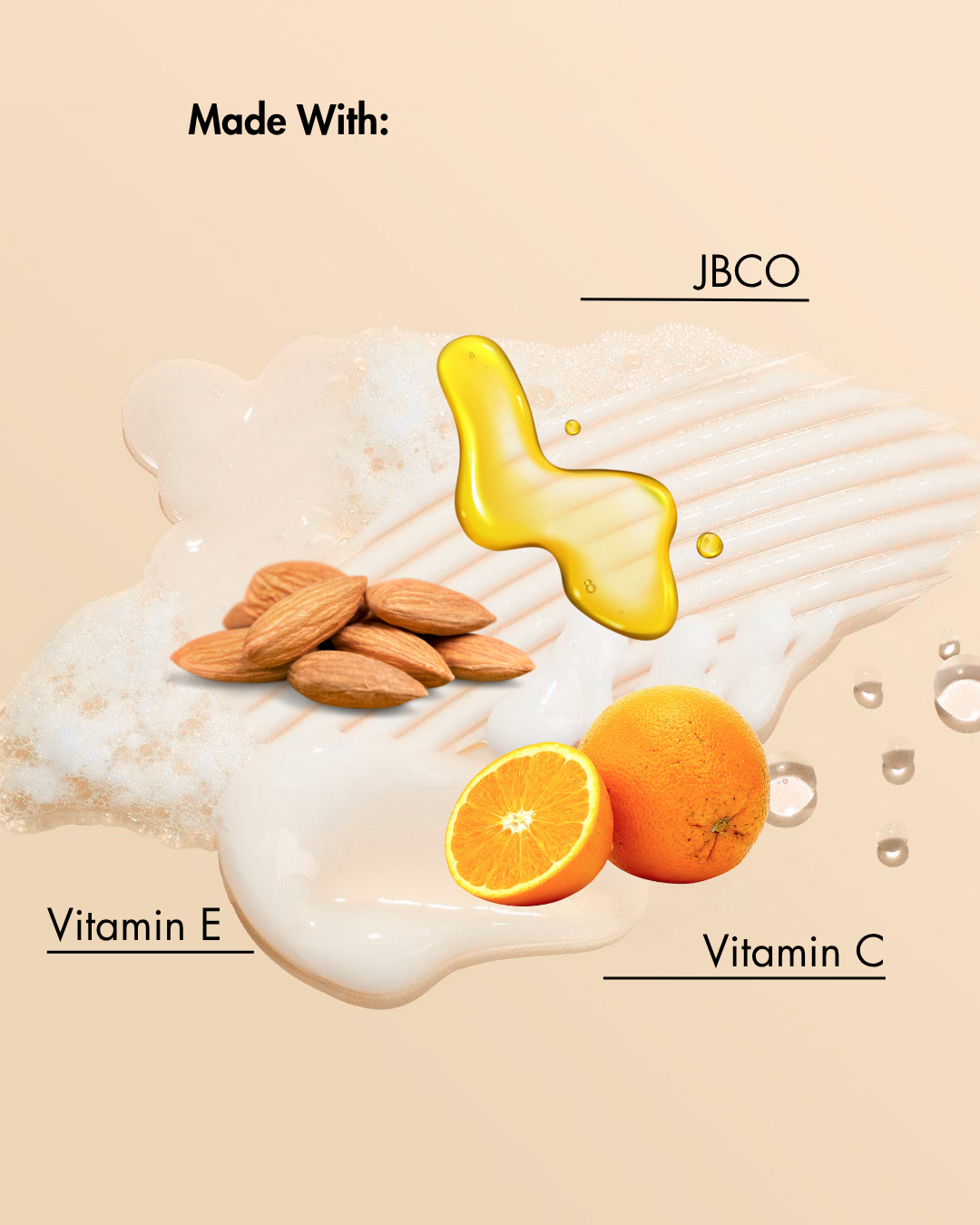 Produktbestandteile wie Mandeln, Orangen und eine gelbe Flüssigkeit mit der Aufschrift "JBCO" auf einem beigen Hintergrund.