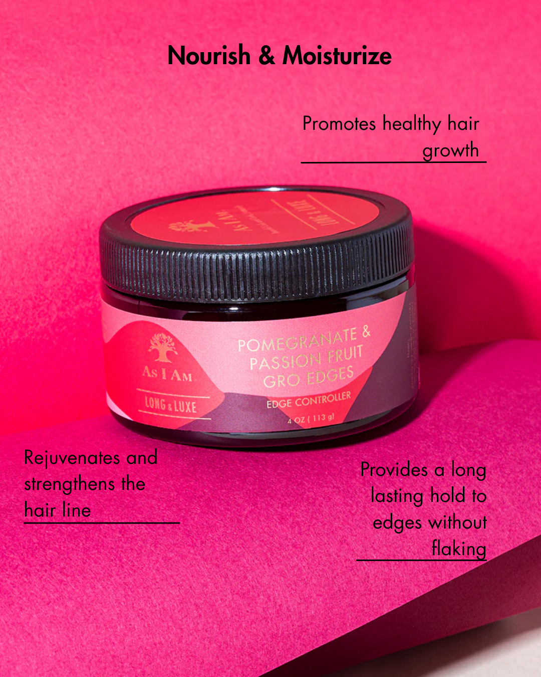 Tiegel mit Haarprodukt mit Text auf rosa Hintergrund